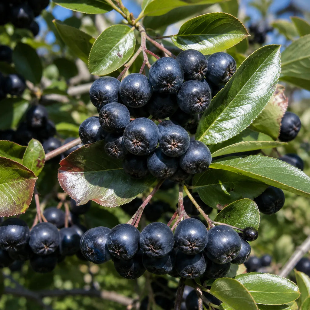 Aronia Viking, arbust fructifer productiv cu fructe negre si aromate, potrivit pentru gradini familiale, prepararea sucurilor, dulceturilor si deserturilor.