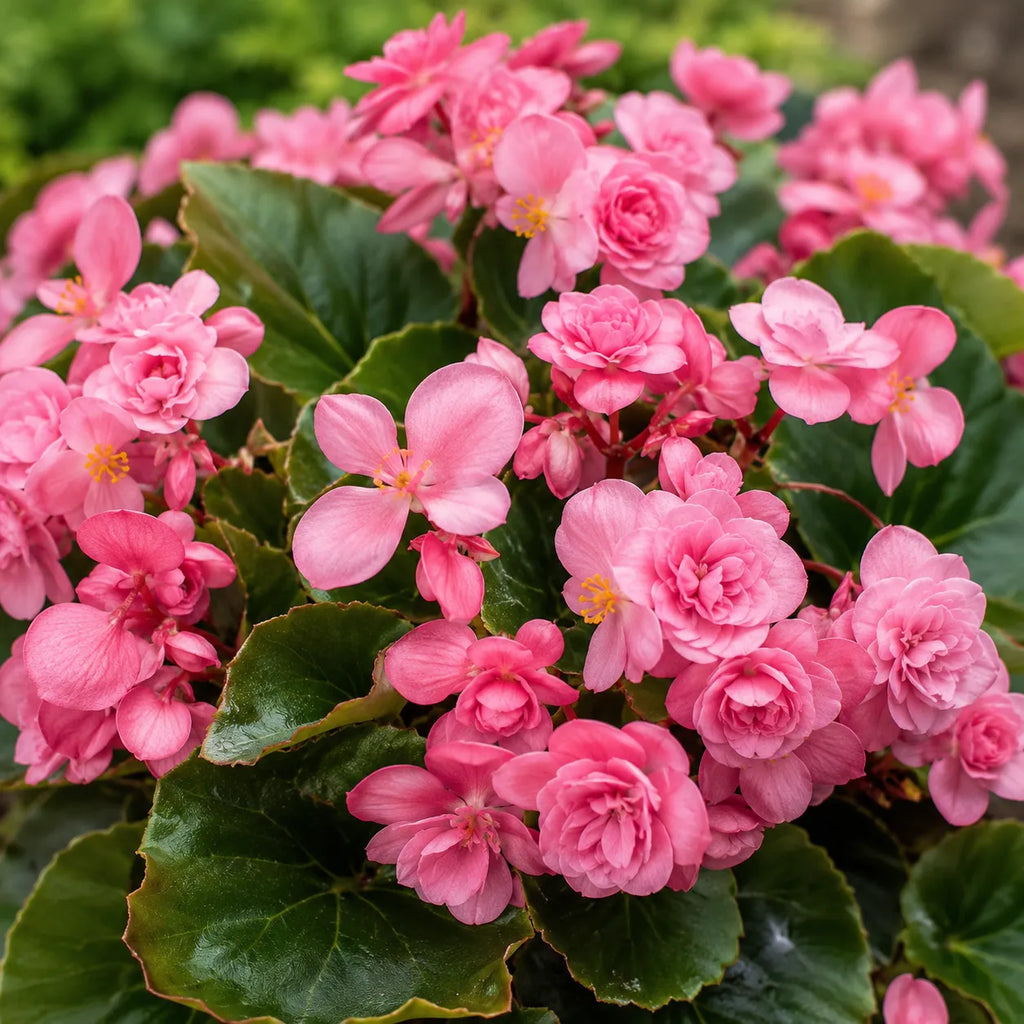 Bulb Begonia Double Roz, floare dubla roz cu inflorire abundenta, ideala pentru ghivece, jardiniere, borduri si gradini decorative