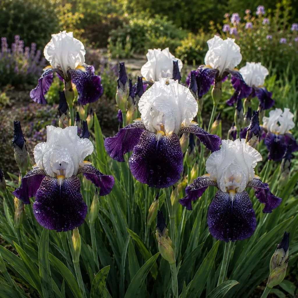 Bulb Iris Germanica Blue Rhythm Lavender Blue, varietate perena cu flori spectaculoase alb liliachiu, violet purpuriu si barba galben aurie, perfecta pentru gradini decorative