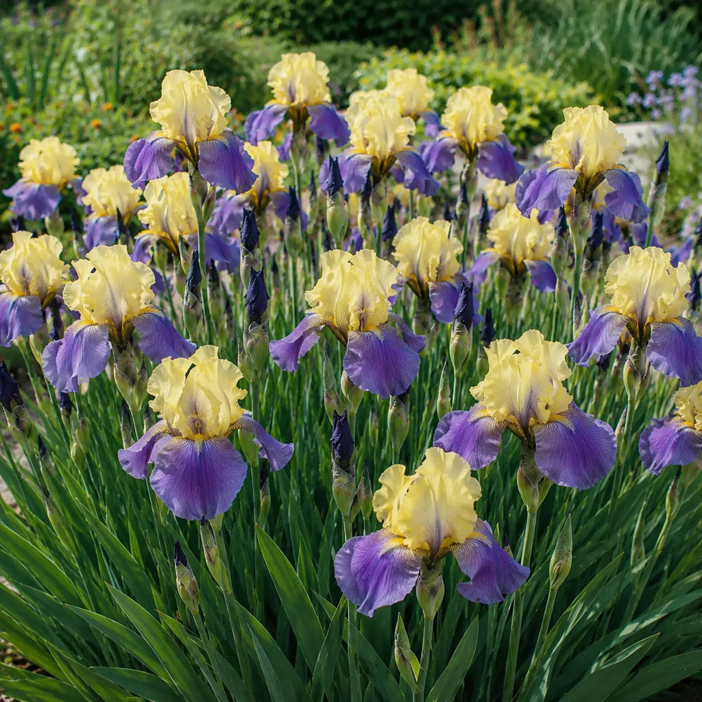 Bulb Iris Germanica Edith Wolford Galben Albastru, varietate perena cu flori spectaculoase galben crem si albastru violet, perfecta pentru amenajarea gradinilor decorative