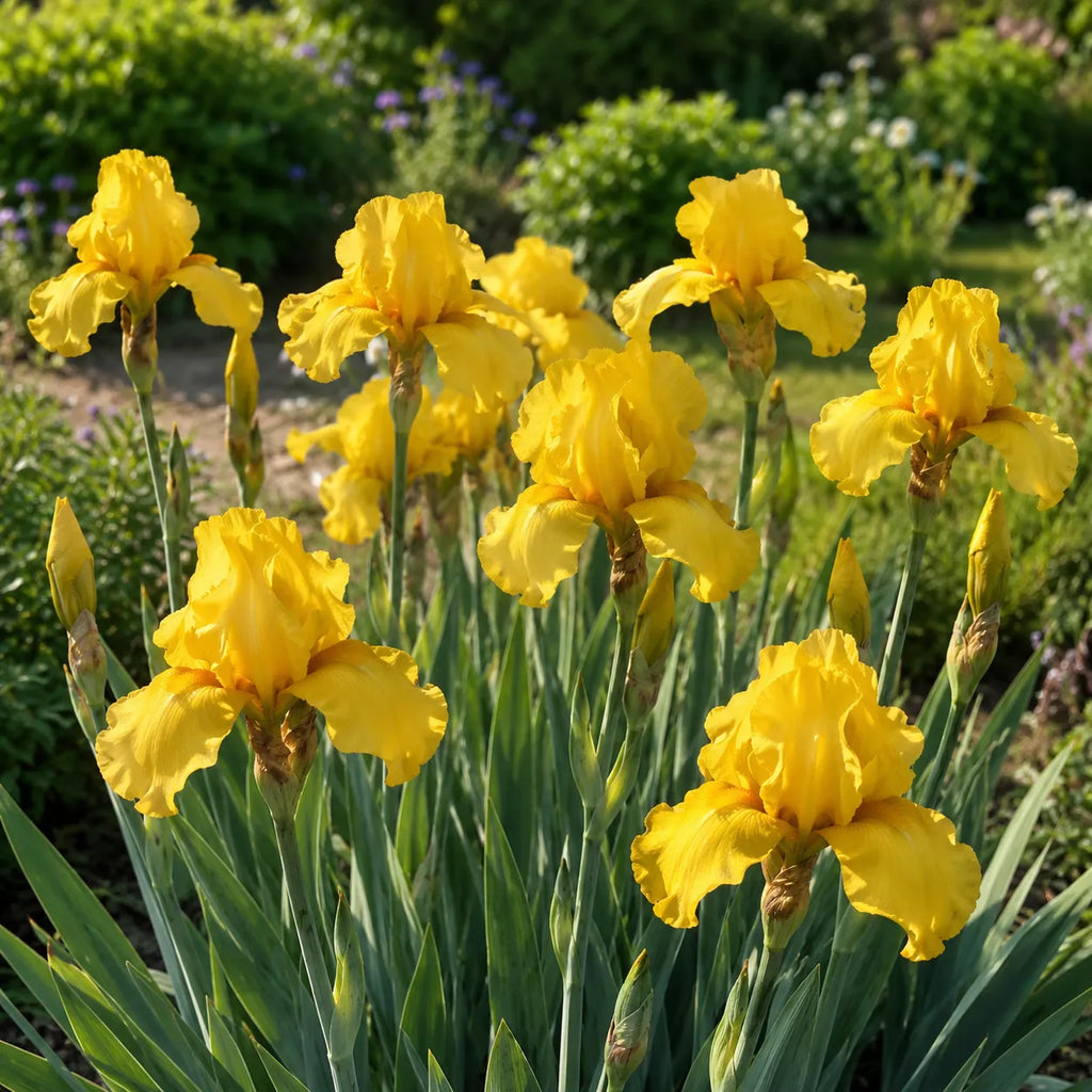 Bulb Iris Germanica Ola Kala Galben, varietate perena cu flori spectaculoase galben auriu si inflorire de primavara, perfecta pentru amenajarea gradinilor decorative