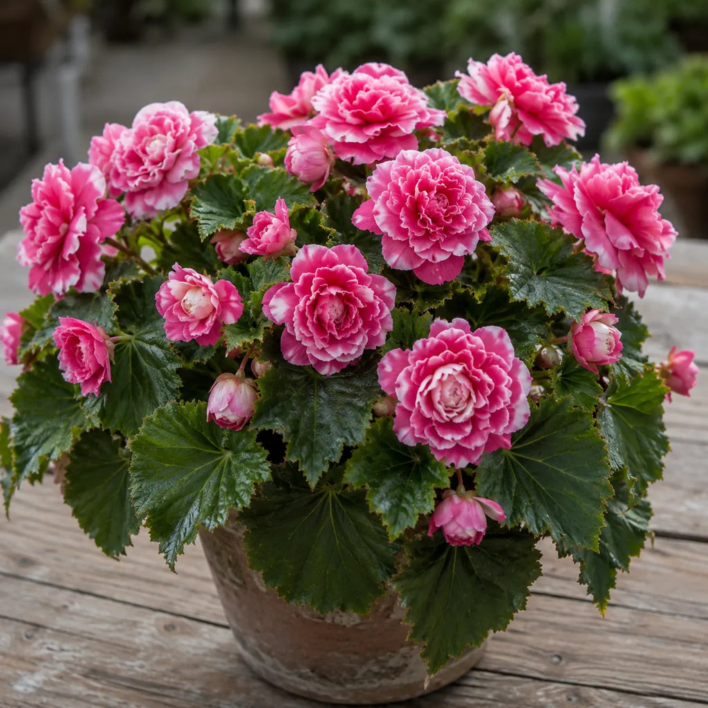 Bulbi Begonia Camellia Roz, pachet cu 2 tuberculi de begonie cu flori mari, duble, roz, ideale pentru ghivece, jardiniere si gradini decorative