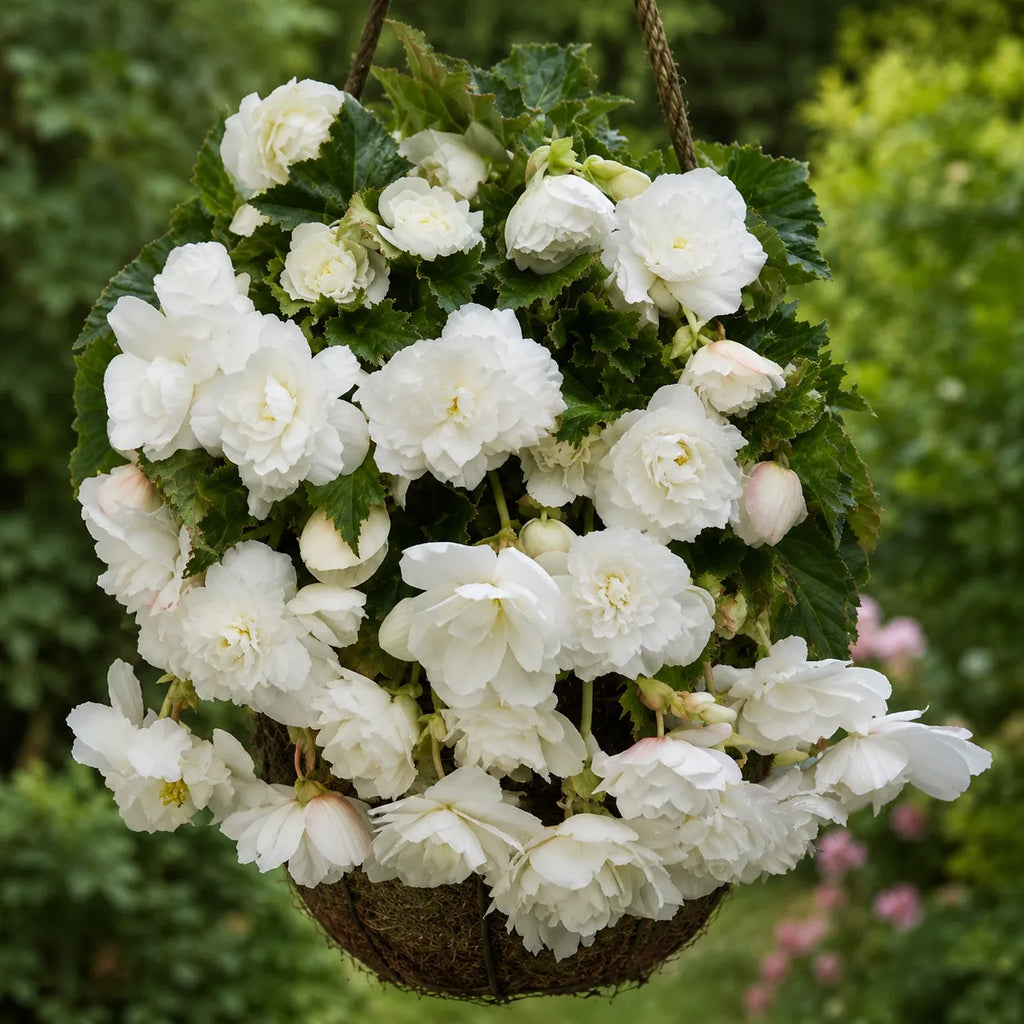 Bulbi Begonia Cascade Alb, pachet cu 2 tuberculi de begonie cu flori duble albe si port curgator, ideali pentru ghivece suspendate, jardiniere si gradini decorative
