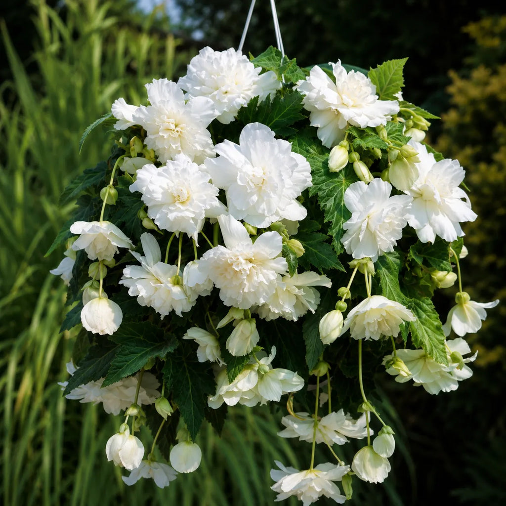 Bulbi Begonia Cascade Alb, soi cu flori duble albe si inflorire abundenta, ideal pentru ghivece suspendate, jardiniere si amenajarea gradinilor decorative