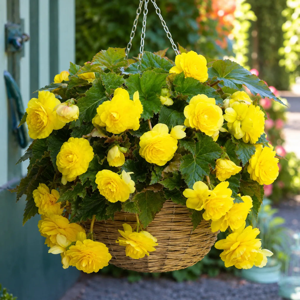 Bulbi Begonia Cascade Galben, soi cu flori duble galbene si inflorire abundenta, ideal pentru ghivece suspendate, jardiniere si amenajarea gradinilor decorative