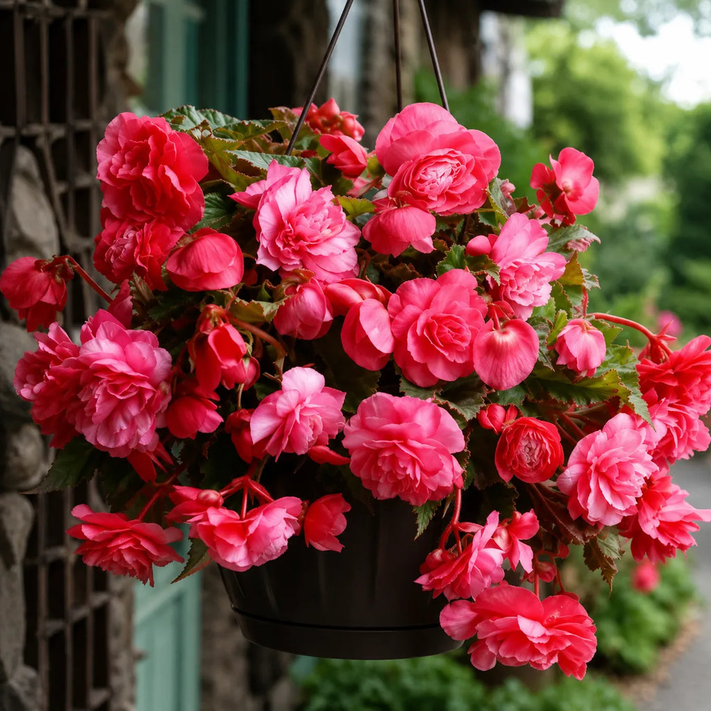 Bulbi Begonia Cascade Roz, pachet cu 2 tuberculi de begonie cu flori duble roz intens si port curgator, ideali pentru ghivece suspendate, jardiniere si gradini decorative
