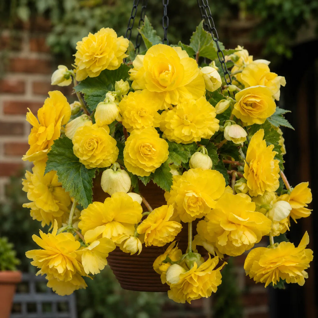 Bulbi Begonia Pendula Galben, soi cu flori duble galbene si inflorire abundenta, ideal pentru ghivece suspendate, jardiniere si amenajarea gradinilor decorative