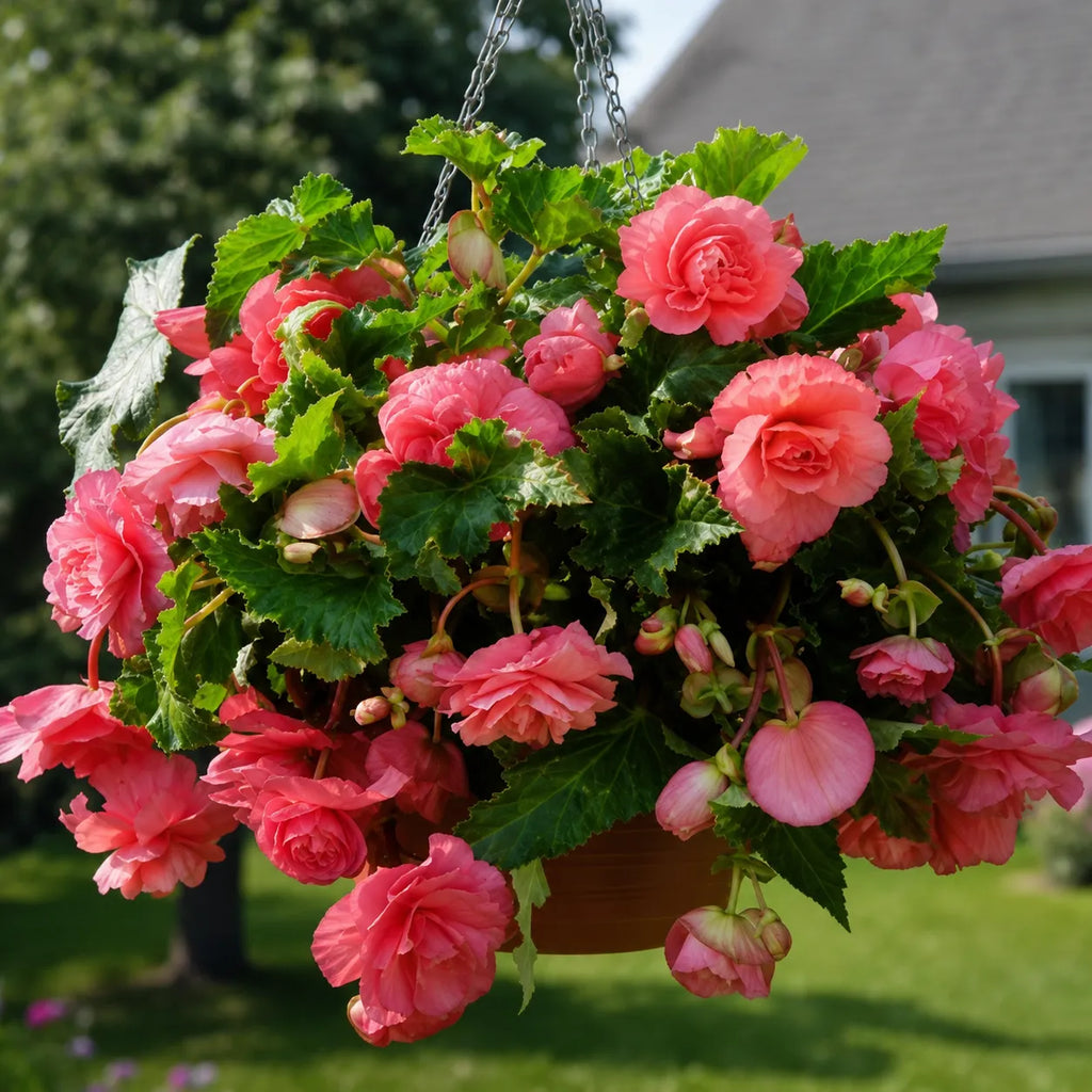 Bulbi Begonia Pendula Roz, pachet cu 2 tuberculi de begonie cu flori duble roz si port curgator, ideali pentru ghivece suspendate si jardiniere