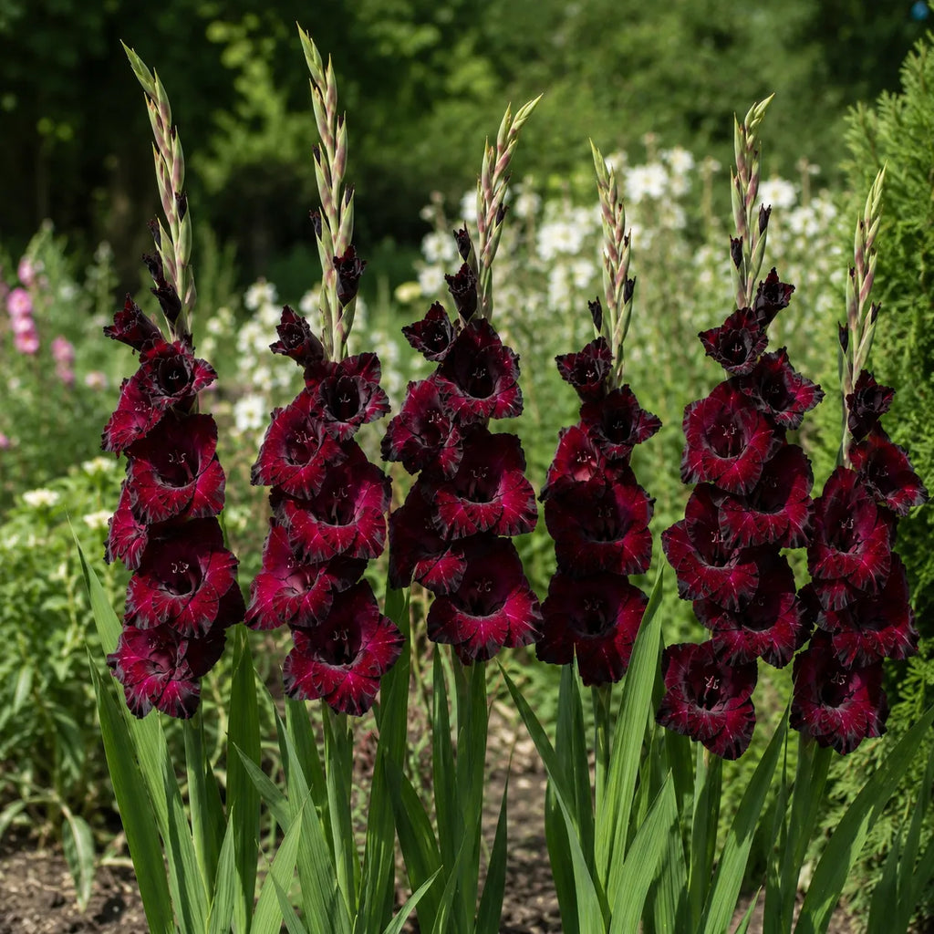 Bulbi Gladiole Black Sea 5 buc, varietate cu flori spectaculoase in nuante intense de rosu-burgund inchis, potrivita pentru ronduri, borduri si decorul gradinii