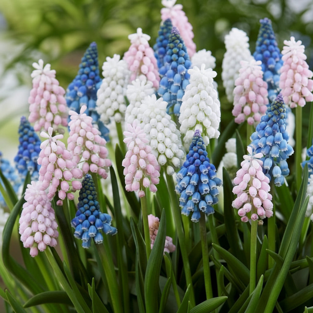 Bulbi Muscari Pachet Mix, soiuri rezistente și parfumate, perfecte pentru ronduri, gazon sau ghivece decorative.