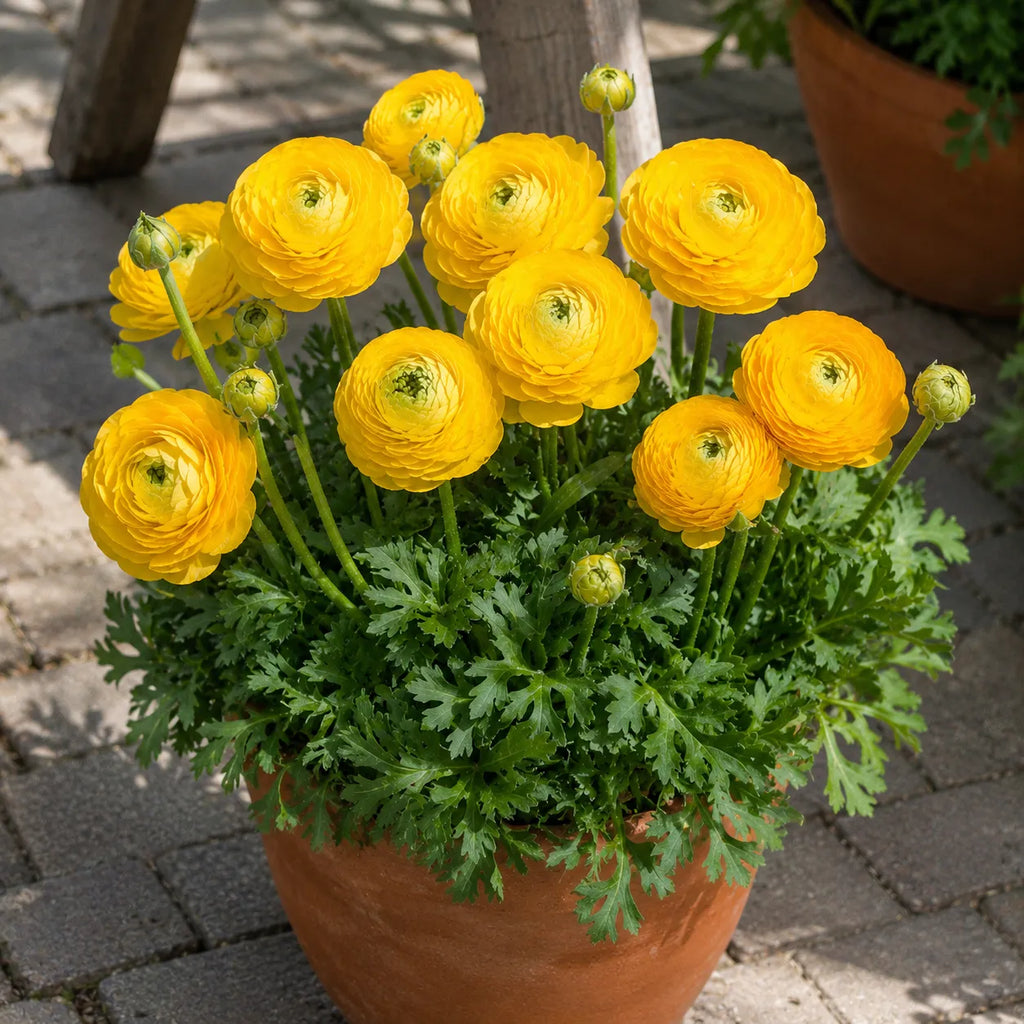 Bulbi Ranunculus Galben, pachet cu 5 bulbi de ranunculus cu flori duble galben intens, ideale pentru gradini, ghivece si buchete elegante