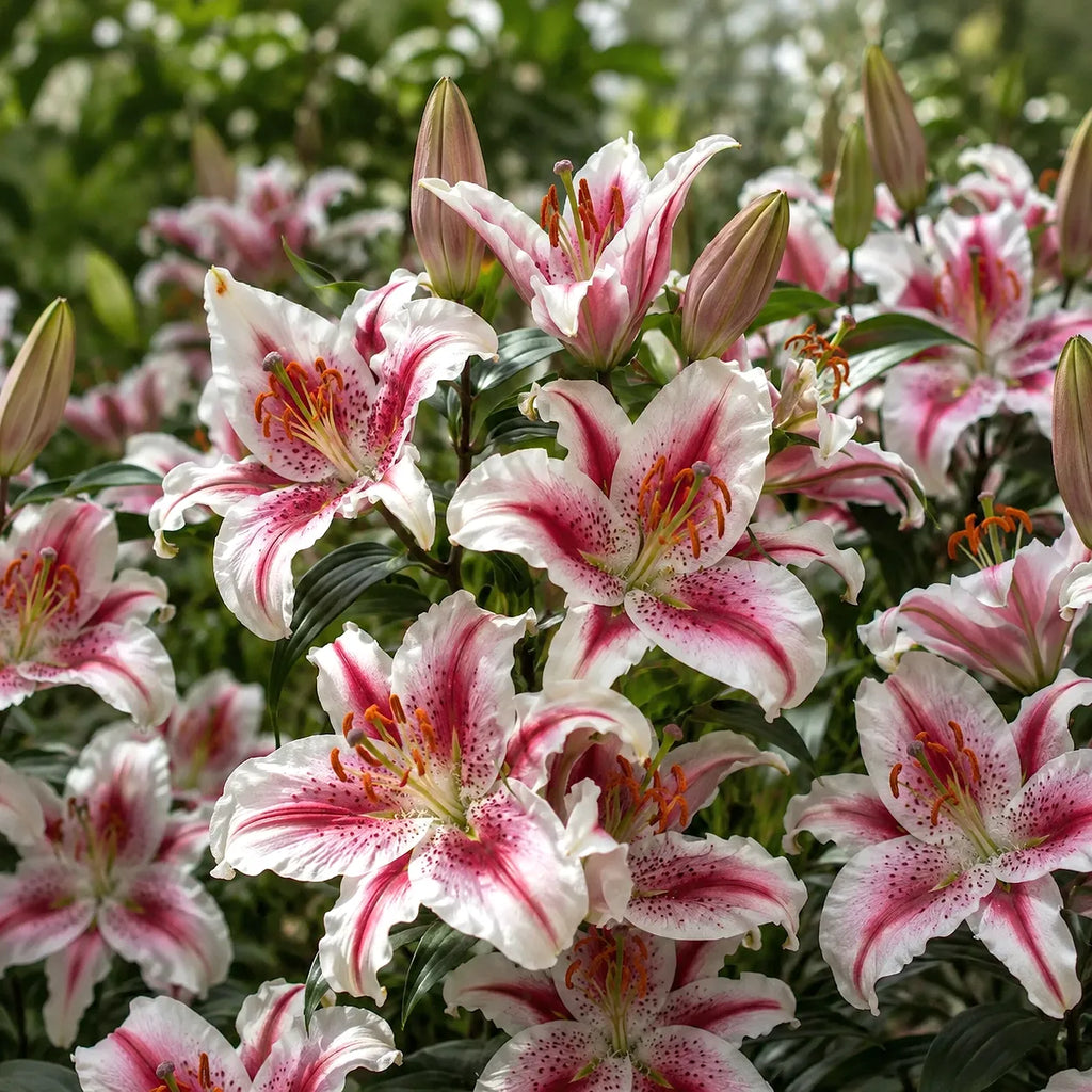 Bulbi de Crini Hachi, crin oriental ornamental cu flori bicolore alb-crem și roz, parfum dulce și rezistență excelentă la frig, ideal pentru grădini, borduri, ghivece și aranjamente florale.
