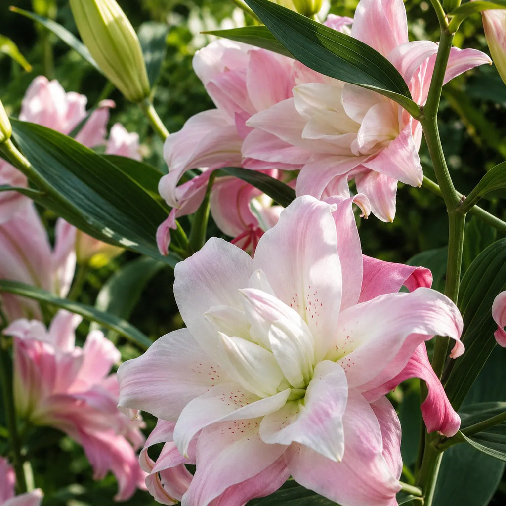 Bulbi de Crini Lotus Queen, crin oriental dublu ornamental cu flori bogate alb-crem și roz-pal, rezistent la frig și ideal pentru grădini, borduri, ghivece și aranjamente florale rafinate