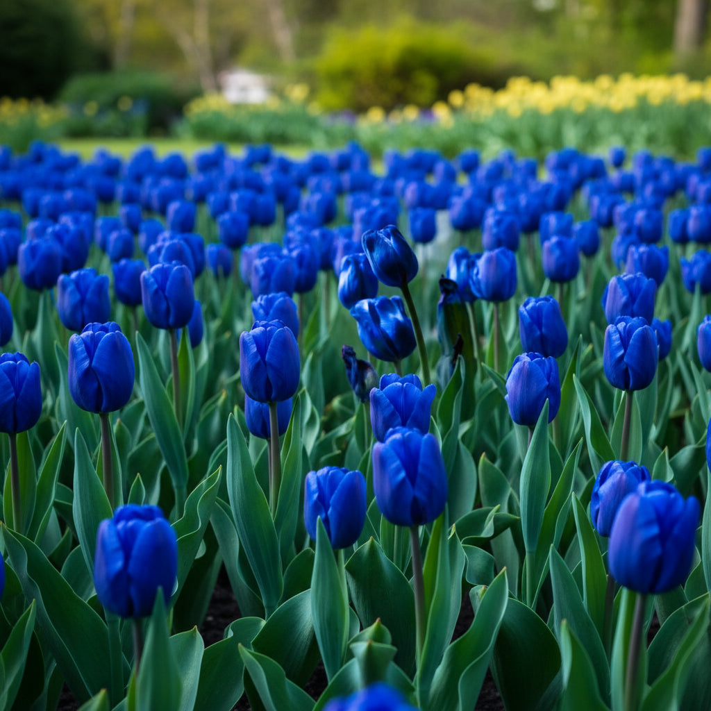 Bulbi de lalele Blue Aimable – culoare uniformă liliachiu, rezistență excelentă și efect decorativ deosebit în aprilie-mai.