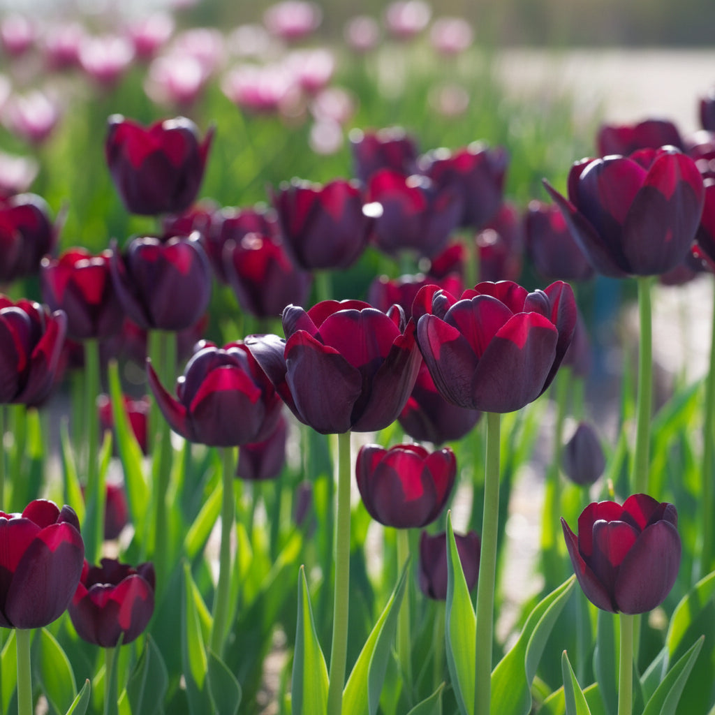 Bulbi lalele Queen of Night – soi spectaculos cu flori mov foarte închis, aproape negre. Ideal pentru grădină sau buchete elegante, înflorire primăvara.