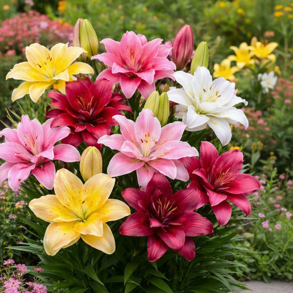 Bulbi de Crini Lotus Mix – mix spectaculos de culori vibrante, ideali pentru grădină și ghiveci. Înflorire bogată vara