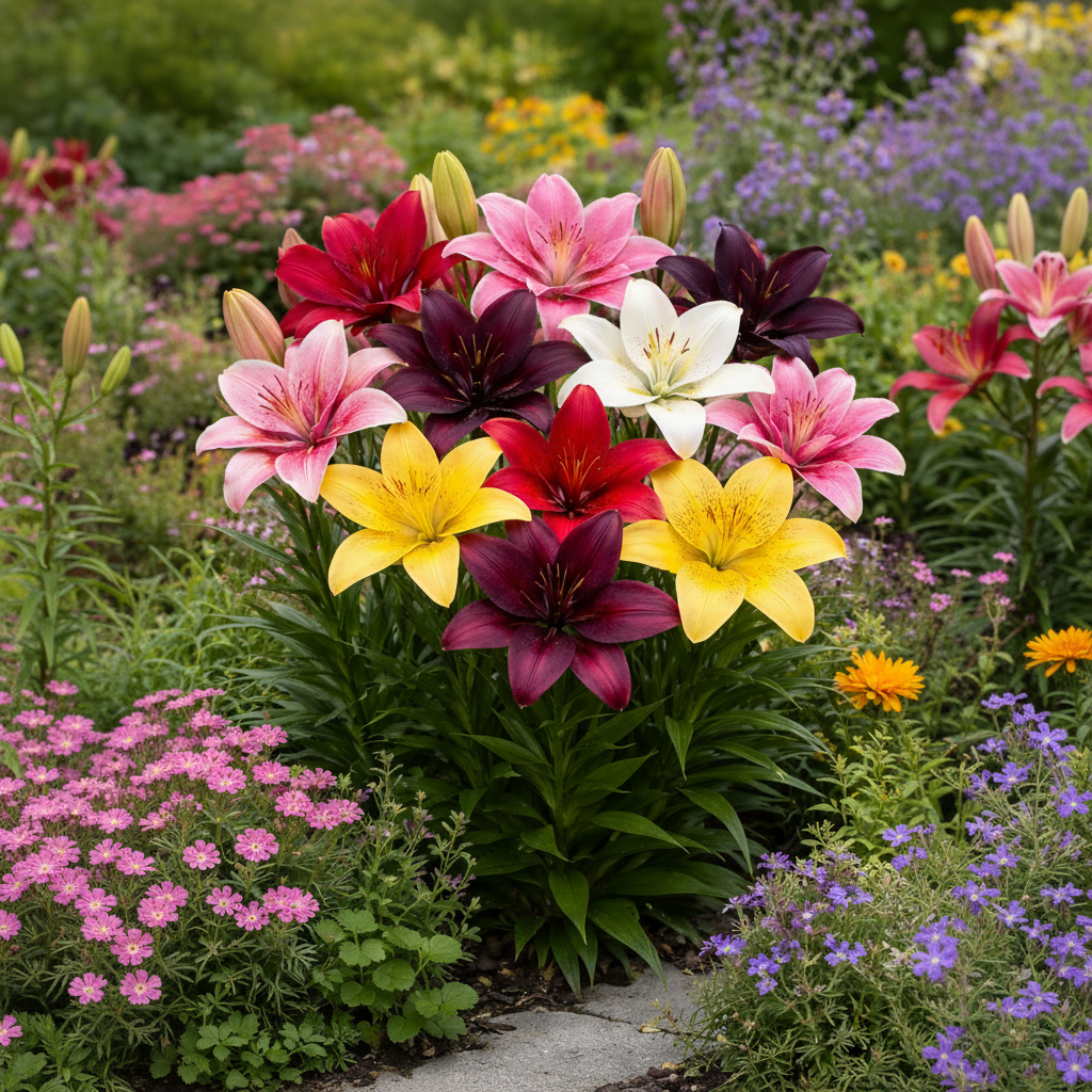 Bulbi de Crini Pachet Fantasy Mix (Lilium asiatic) – culori multiple, înflorire abundentă vara, perfecți pentru ronduri și borduri.