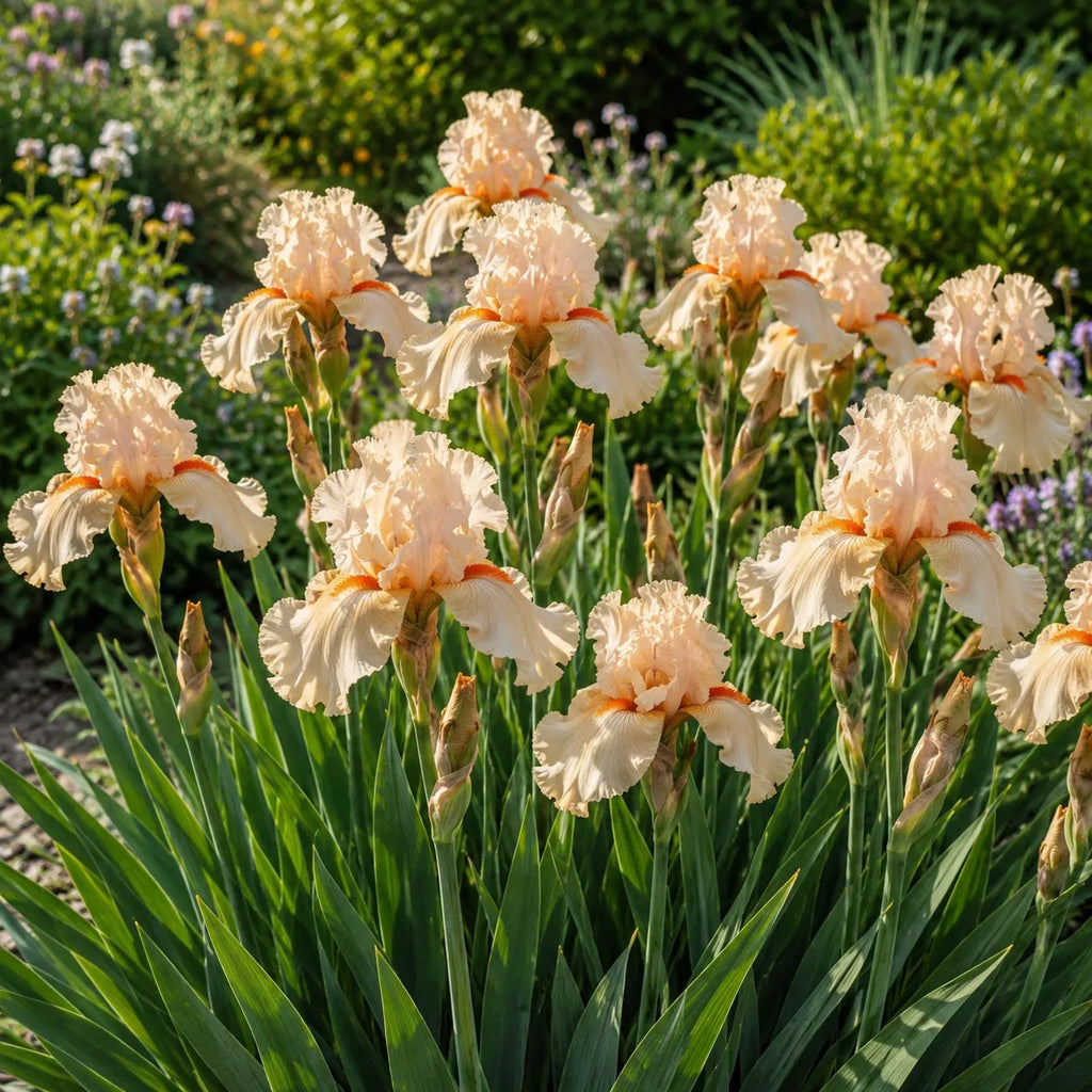Bulb Iris Germanica Party Dress Roz, varietate perena cu flori spectaculoase roz pastel si inflorire de primavara, perfecta pentru amenajarea gradinilor decorative