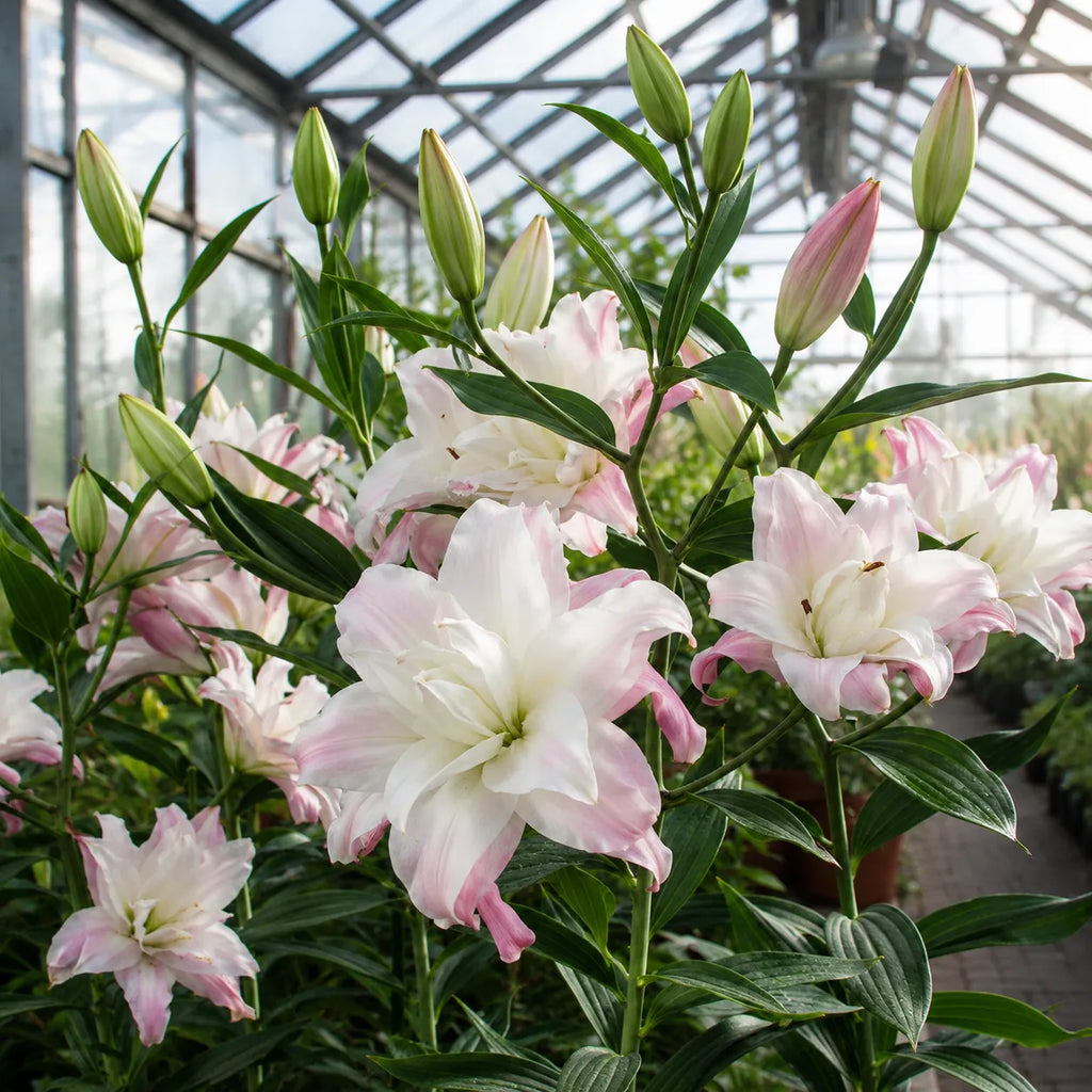 Crini Lotus Queen din bulbi premium, flori duble alb-crem cu nuanțe roz delicate și parfum puternic, perfecte pentru grădini, jardiniere, amenajări peisagistice și flori tăiate