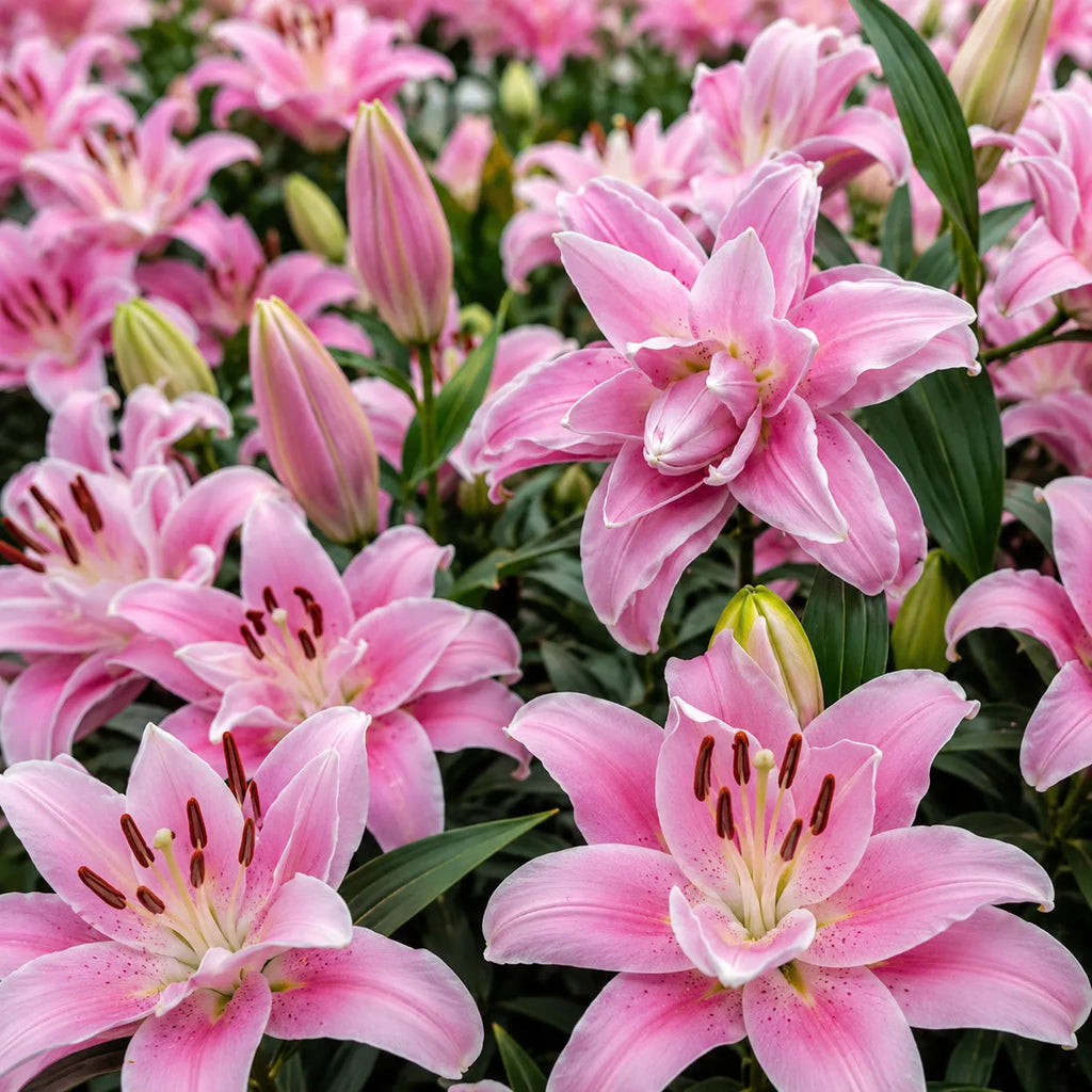 Crini Lotus Spring din bulbi premium, flori duble roz pastel cu tonuri alb-roz și parfum oriental intens, perfecte pentru grădini, jardiniere, amenajări peisagistice și flori tăiate