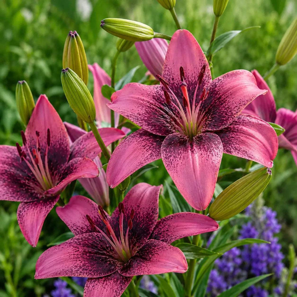 Crini Purple Dream din bulbi premium, flori spectaculoase violet intens cu centru alb-crem și tulpini viguroase, perfecte pentru grădini, jardiniere, amenajări peisagistice și flori tăiate