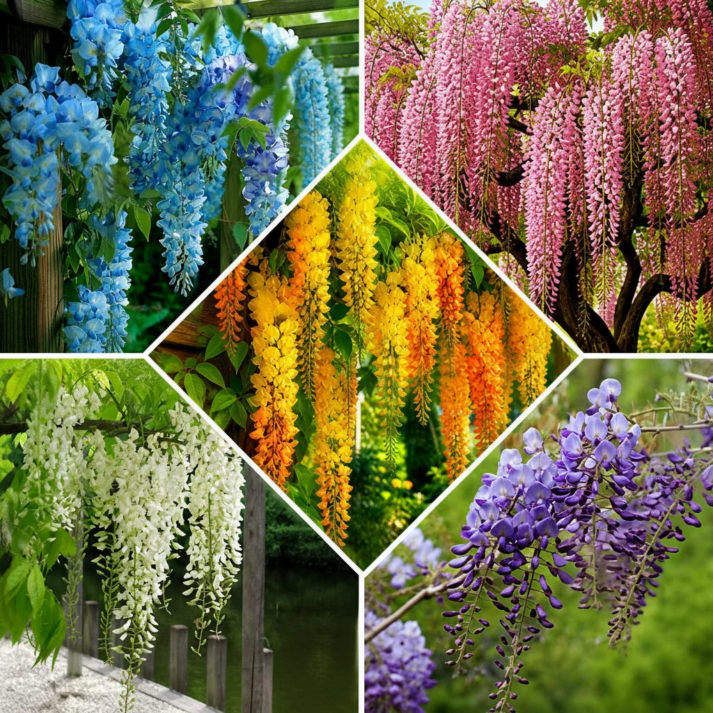 Exotic Wisteria Collection cu 10 glicine în culori variate, inclusiv albastru, roz, mov, alb și galben-portocaliu, plante cățărătoare ornamentale ideale pentru pergole, arcade și grădini spectaculoase, cu înflorire abundentă