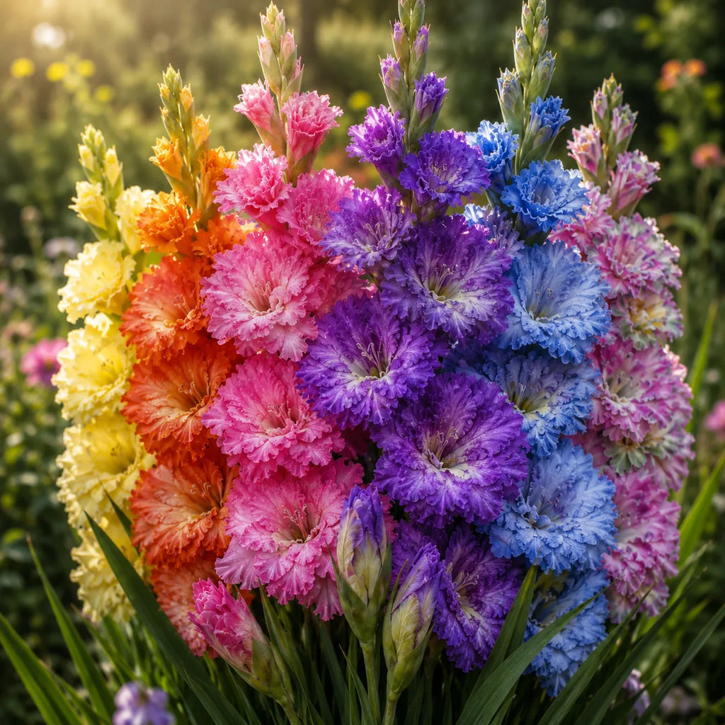 Gladiole Premium Mix Curcubeu cu flori duble în nuanțe vibrante de galben, portocaliu, roz, mov și albastru, ideale pentru grădini, borduri și aranjamente florale, cu înflorire spectaculoasă și efect multicolor deosebit