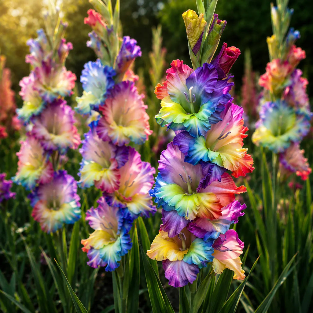 Gladiole Premium Mix Curcubeu cu flori duble mari în culori variate și vibrante, plante ornamentale ideale pentru grădini, borduri și buchete, cu înflorire spectaculoasă și efect multicolor deosebit