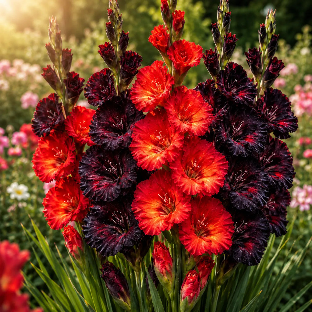 Gladiole Premium mix roșu și negru cu flori duble mari, în nuanțe intense de roșu și burgundy foarte închis, ideale pentru grădini, borduri și buchete, cu aspect elegant și înflorire spectaculoasă