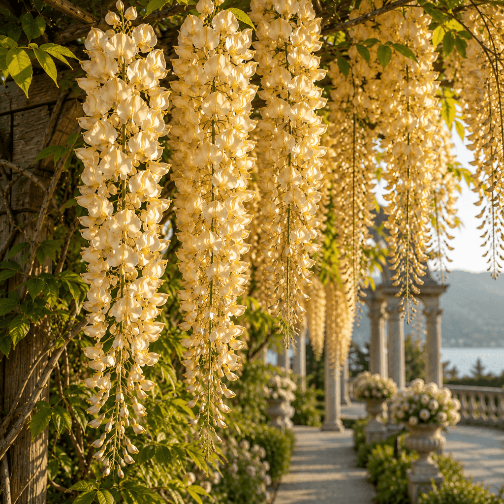Glicină Amaralia, plantă cățărătoare ornamentală cu ciorchini bogați de flori parfumate, ideală pentru pergole, foișoare și grădini decorative, cu înflorire abundentă și aspect elegant