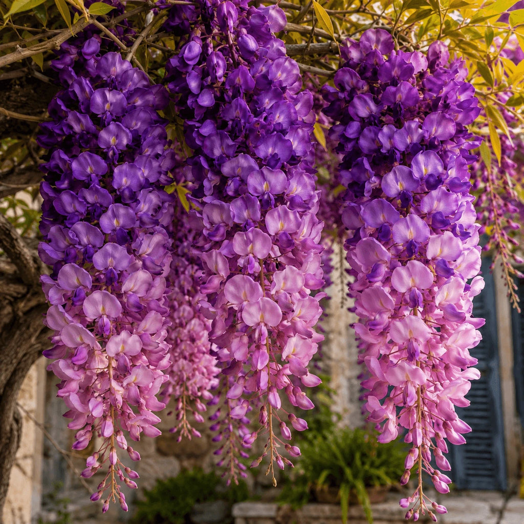 Glicină Velourea, plantă cățărătoare ornamentală cu ciorchini bogați de flori parfumate, ideală pentru pergole, arcade și grădini, oferind un aspect elegant și o înflorire spectaculoasă.