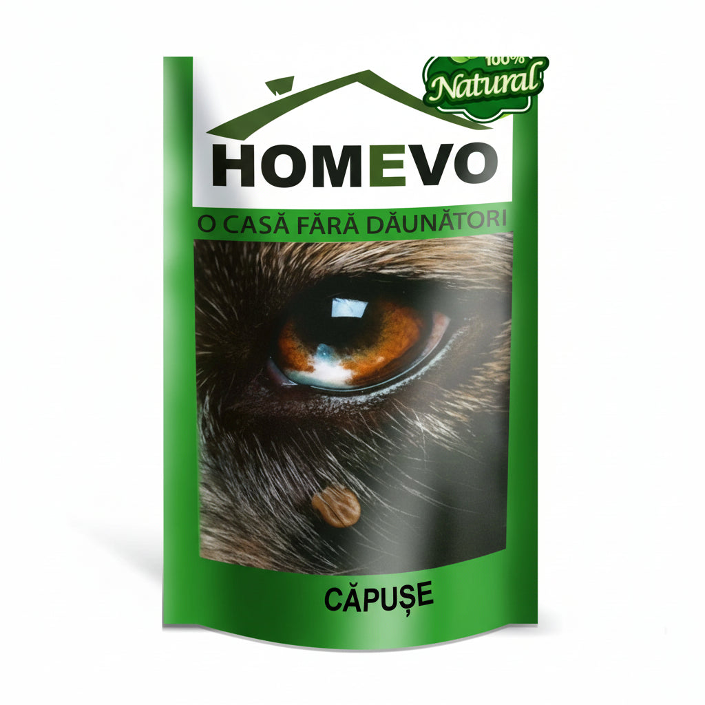 Homevo Antidăunători Căpușe 100% Natural 50 g, soluție naturală pentru combaterea și prevenirea căpușelor în locuință și grădină.