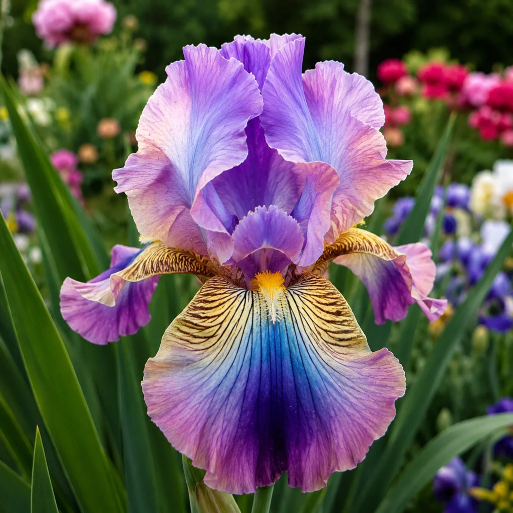 Iris Germanica Aurora Fantasy, plantă perenă cu flori mari și elegante în nuanțe de mov, violet, roz și albastru, ideală pentru grădini, borduri și ronduri, cu înflorire spectaculoasă și aspect exotic