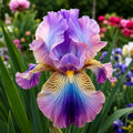 Iris Germanica Aurora Fantasy, plantă perenă cu flori mari și elegante în nuanțe de mov, violet, roz și albastru, ideală pentru grădini, borduri și ronduri, cu înflorire spectaculoasă și aspect exotic