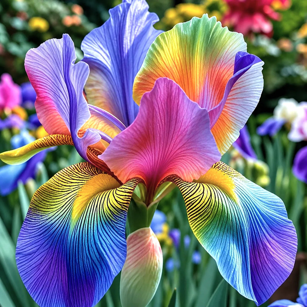 Iris Germanica Multicolor, plantă perenă cu flori mari și petale catifelate în combinații vibrante de culori, ideală pentru grădini, borduri și aranjamente florale, cu înflorire spectaculoasă primăvara.