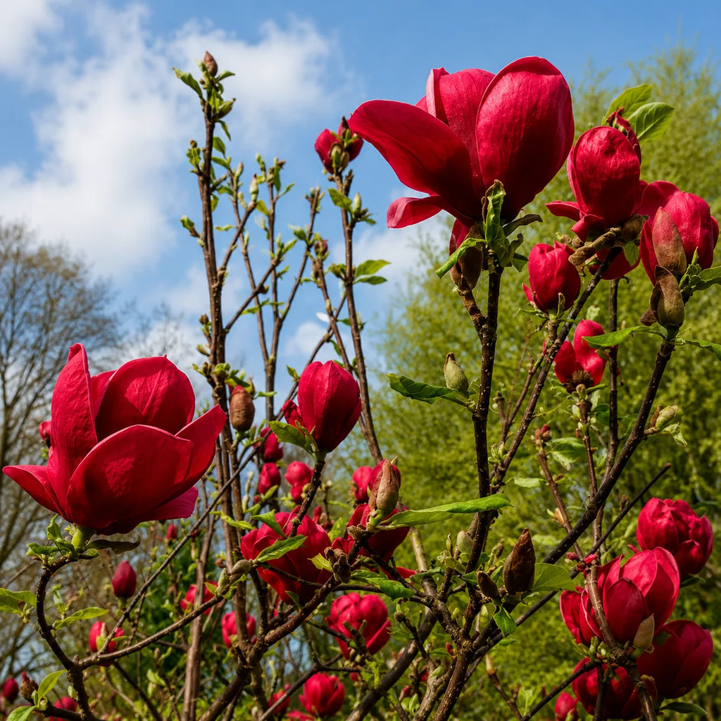 Magnolia Rubin Regal, arbust ornamental cu flori mari în nuanțe intense de roșu catifelat, ideal pentru grădini, curți și amenajări peisagistice elegante, cu înflorire spectaculoasă primăvara