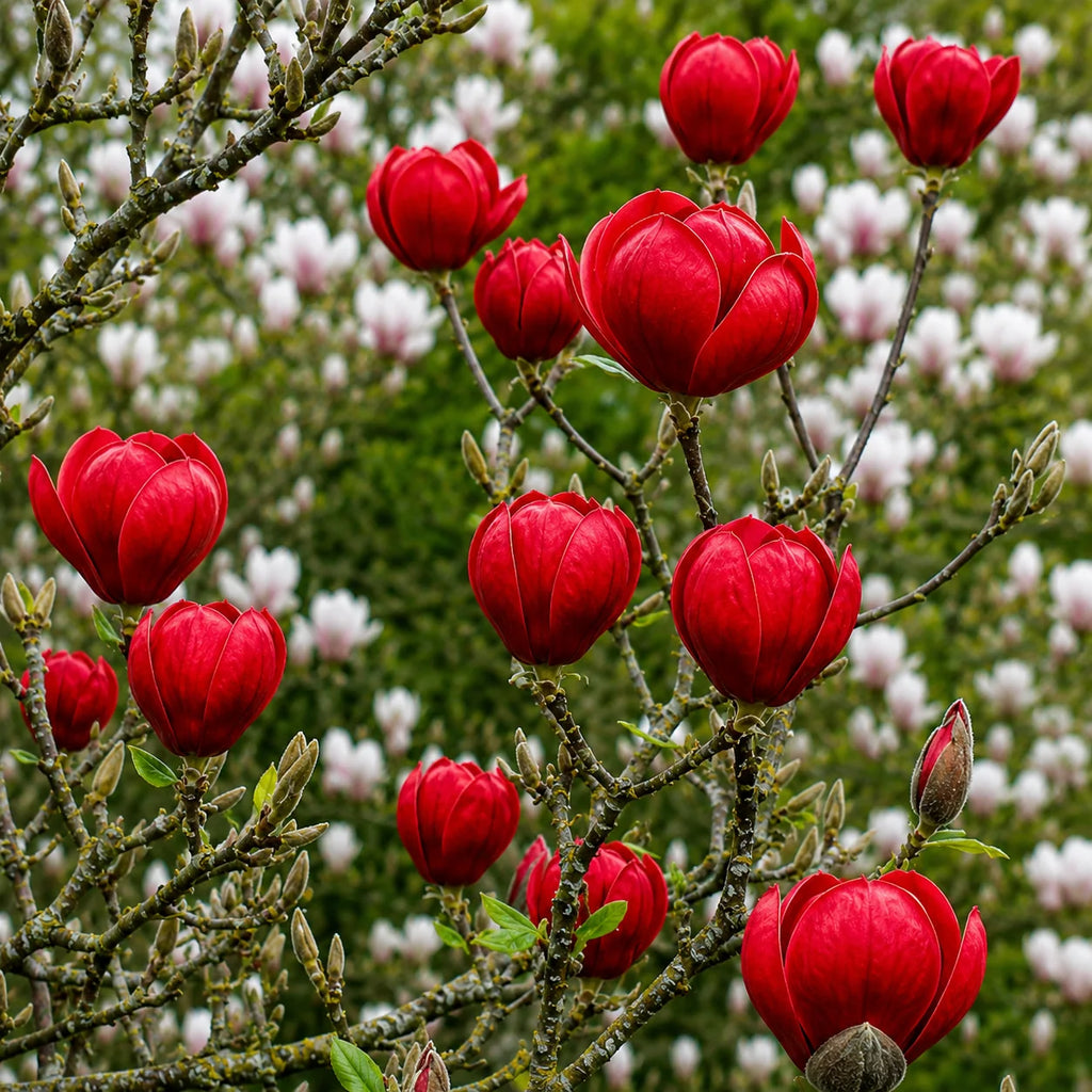 Magnolia Rubin Regal, arbust ornamental cu flori mari în nuanțe intense de roșu catifelat, ideal pentru grădini, curți și amenajări peisagistice elegante, cu înflorire spectaculoasă primăvara