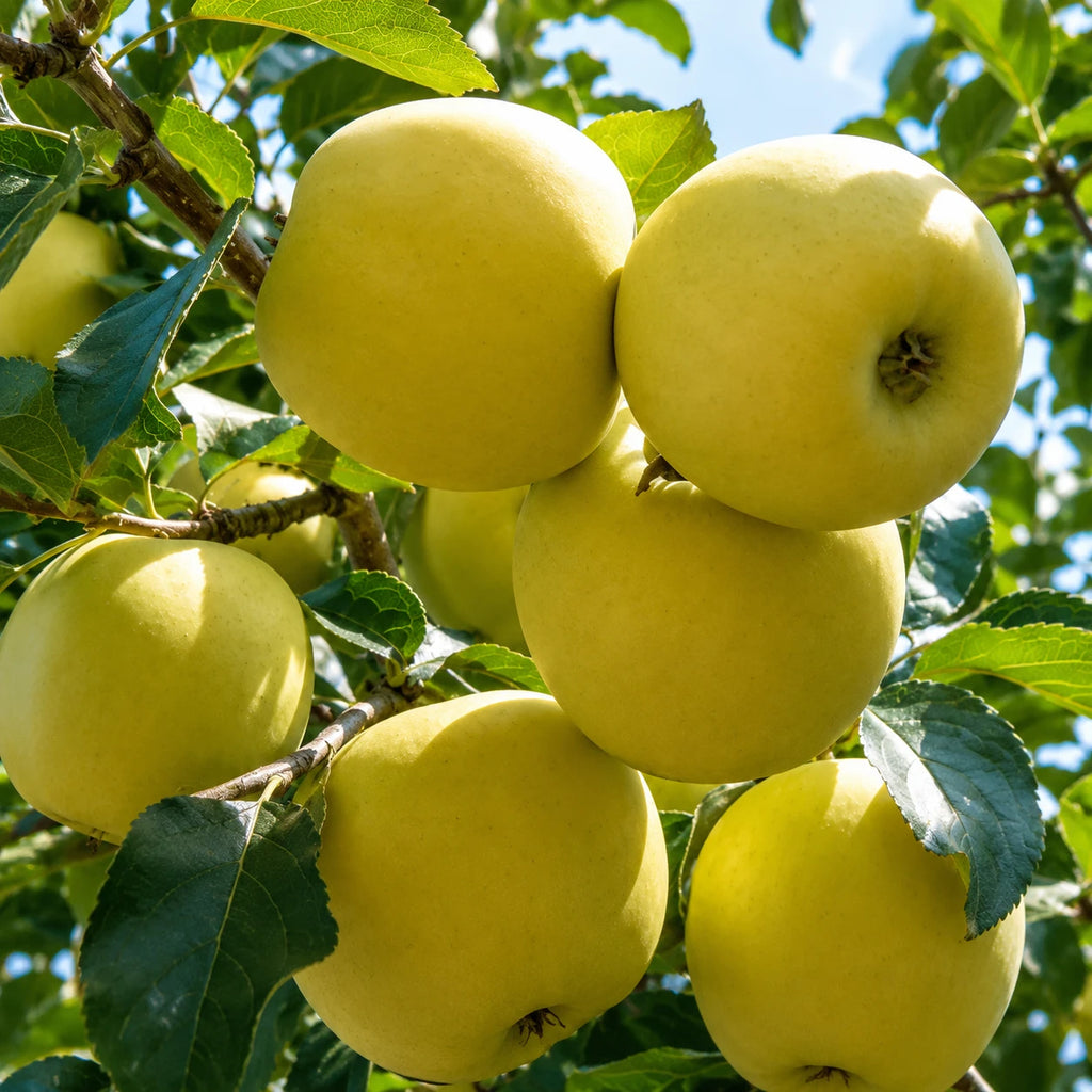 Mar Golden Spur, pom fructifer altoit cu fructe mari galben-aurii, suculente si gustoase, potrivit pentru gradini familiale, livezi si recolte bogate in fiecare toamna