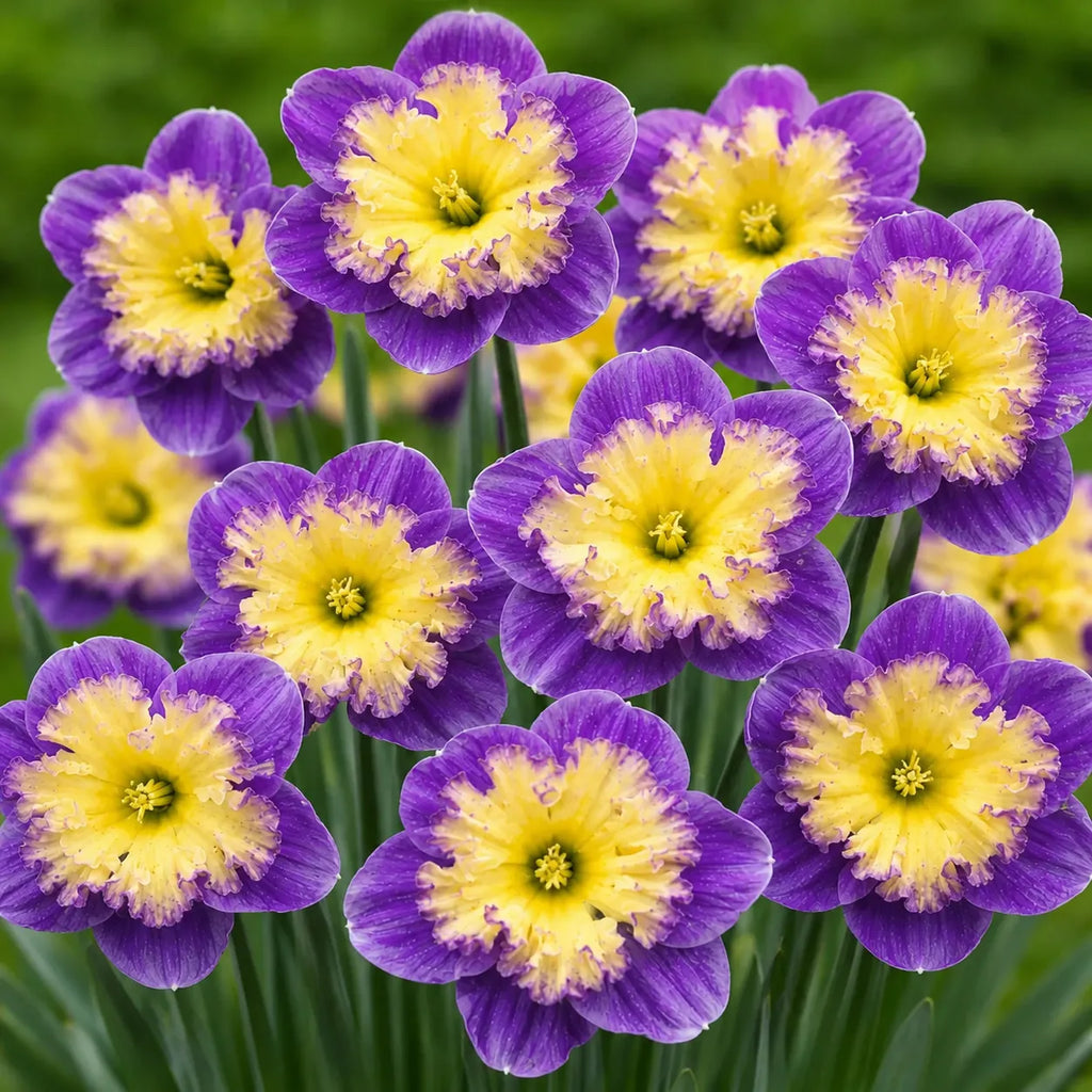 Narcise Duble Premium Multiflora mov cu galben, flori bogate cu petale duble și mai multe inflorescențe pe aceeași tijă, ideale pentru grădini, borduri și ronduri, cu aspect spectaculos și contrast vibrant de culori.