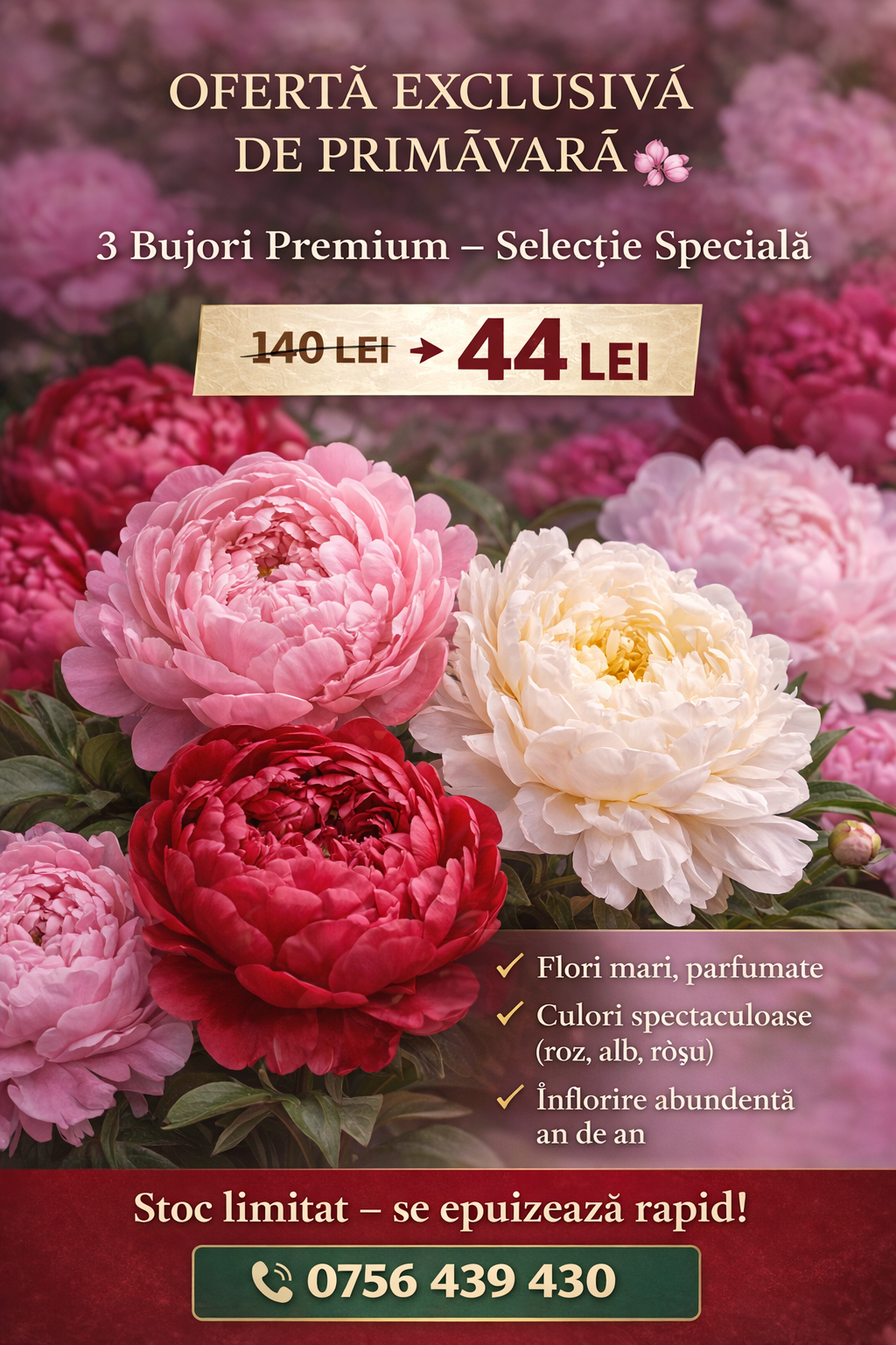 Pachet 3 Bujori Premium – Selecție Specială, Flori mari și Spectaculoase