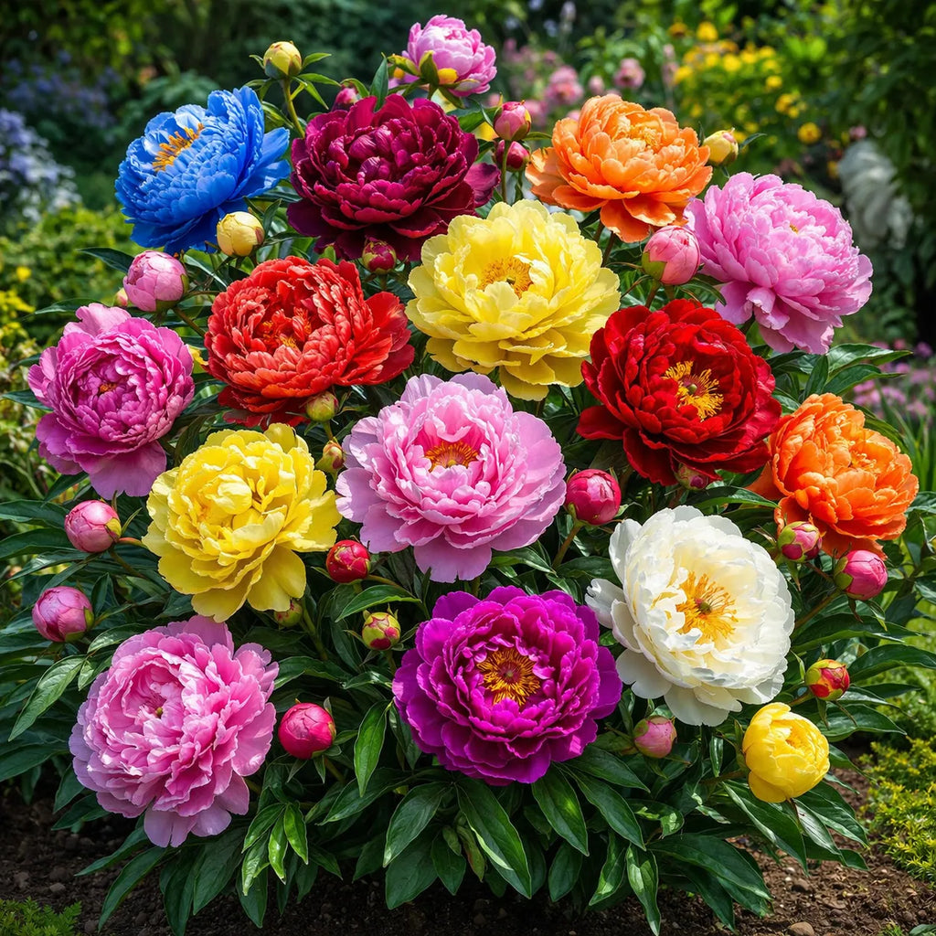 Pachet Bujori Deluxe cu bujori în culori rare și spectaculoase, flori mari și bogate, ideale pentru grădini, borduri și ronduri decorative, oferind un decor elegant și o înflorire impresionantă