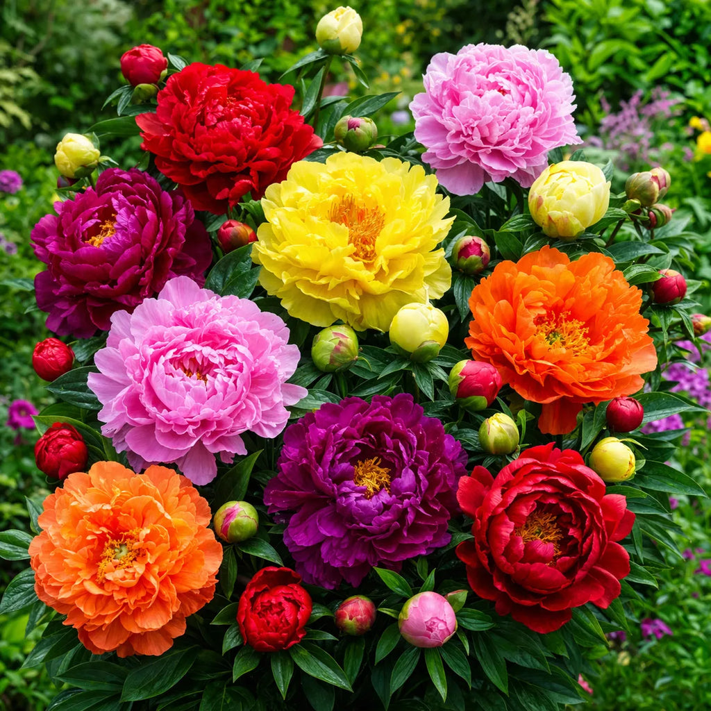 Pachet Bujori Multicolor Premium cu bujori în culori rare și intense, flori mari și duble, ideale pentru grădini, borduri și ronduri decorative, oferind un spectacol floral impresionant și elegant