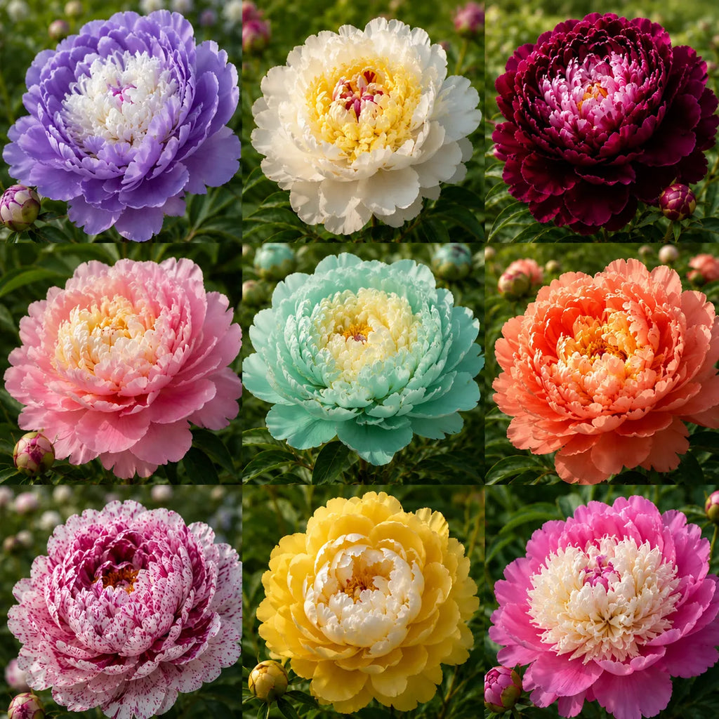 Pachet Bujori Multicolor cu flori mari în culori vibrante și variate, plante perene ornamentale ideale pentru grădini, borduri și ronduri, oferind o înflorire spectaculoasă și un decor plin de culoare