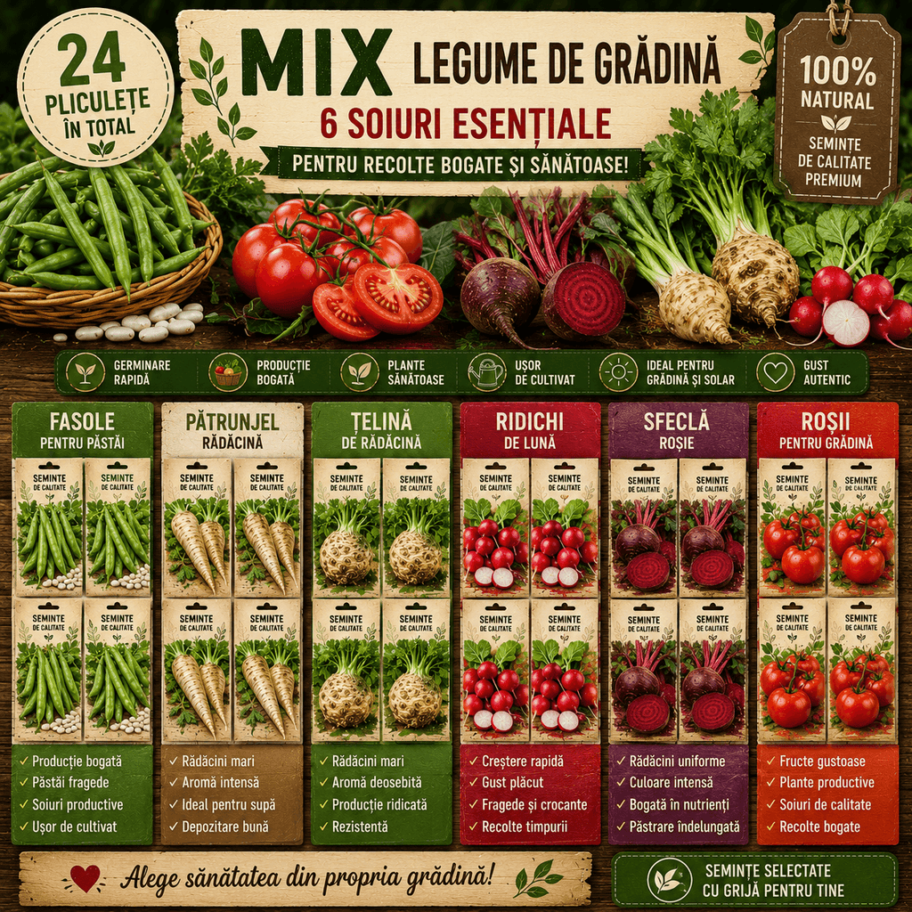 Pachet Mix Legume de Grădină cu 24 pliculețe de semințe, varietăți de legume pentru cultivare în grădină, oferind recolte bogate și diversificate pe tot parcursul sezonului.
