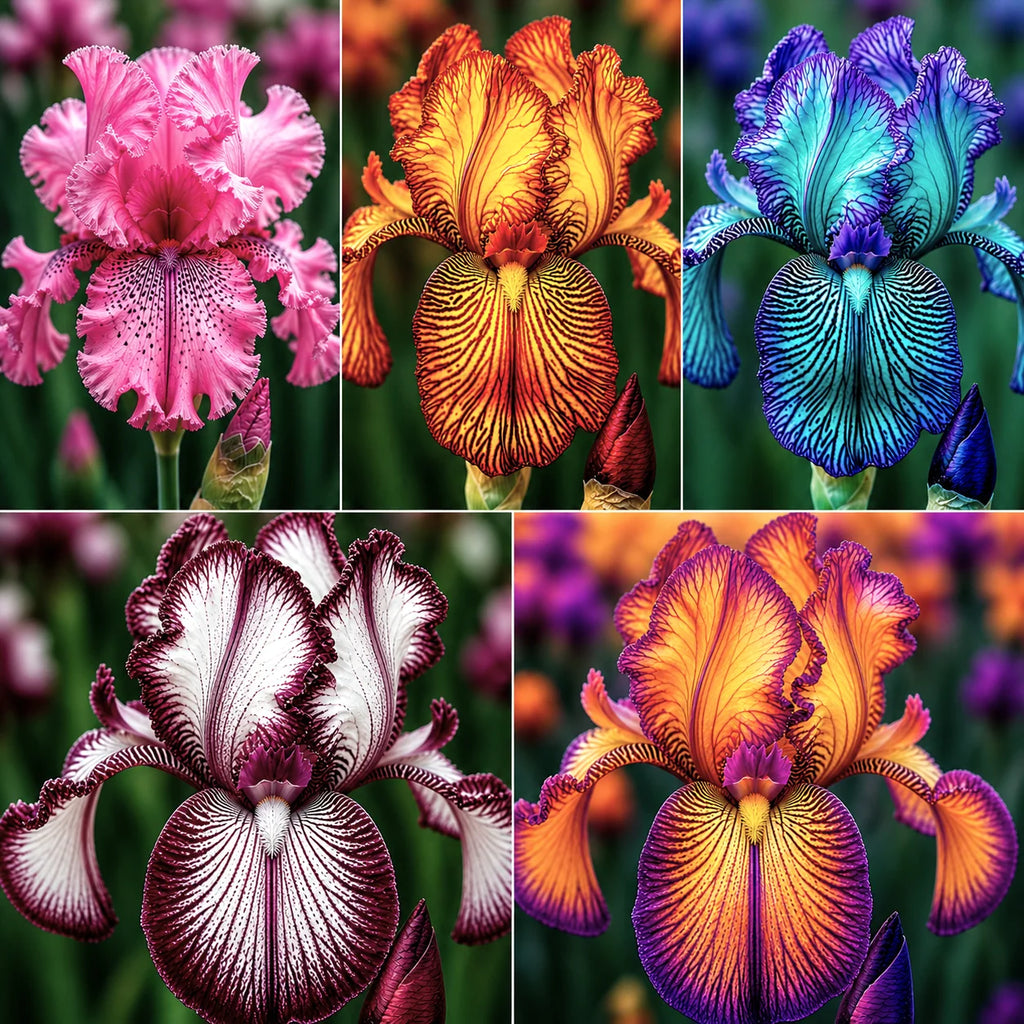 Pachet Royal Mix cu 5 bulbi de Iris în culori variate, inclusiv roz, mov, galben, portocaliu, vișiniu și alb, ideal pentru grădini, borduri, ronduri și ghivece, cu flori decorative și înflorire abundentă
