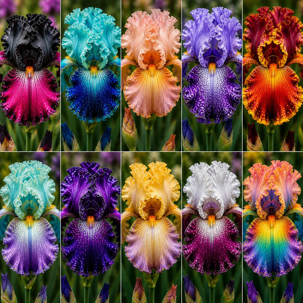 Pachet Royal Spectrum cu 10 bulbi de Iris Germanica în culori rare și contrastante, de la tonuri închise la nuanțe vibrante și pastelate, ideal pentru grădini, borduri și ronduri cu aspect spectaculos
