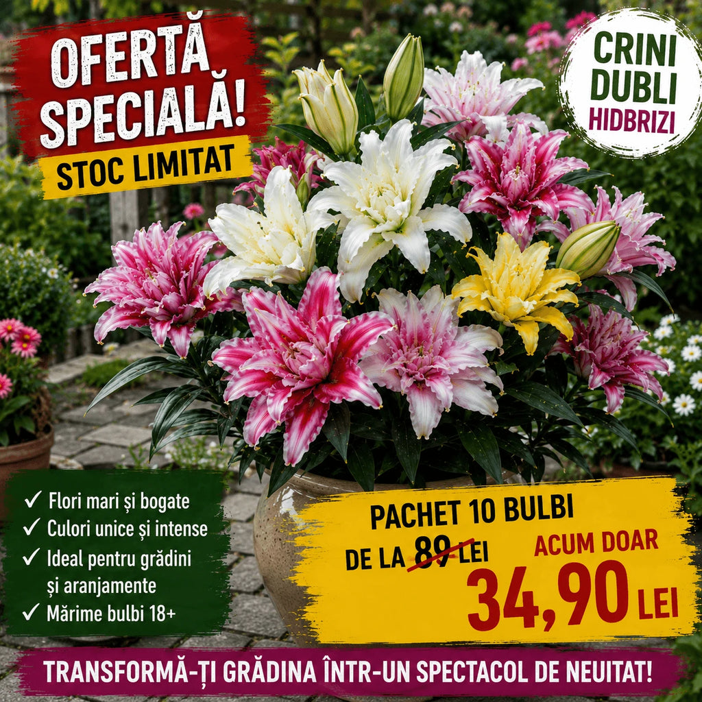 Pachet cu 10 bulbi mari calibru 18+, flori spectaculoase și viguroase, ideale pentru grădini, borduri și aranjamente florale, cu înflorire abundentă și efect decorativ deosebit