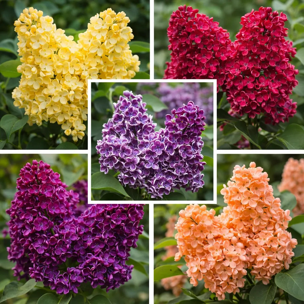 Pachet cu 5 liliac premium în culori rare și variate, inclusiv galben, roșu, mov, bicolor și portocaliu pastel, arbuști ornamentali parfumați ideali pentru grădini, garduri vii și amenajări peisagistice spectaculoase