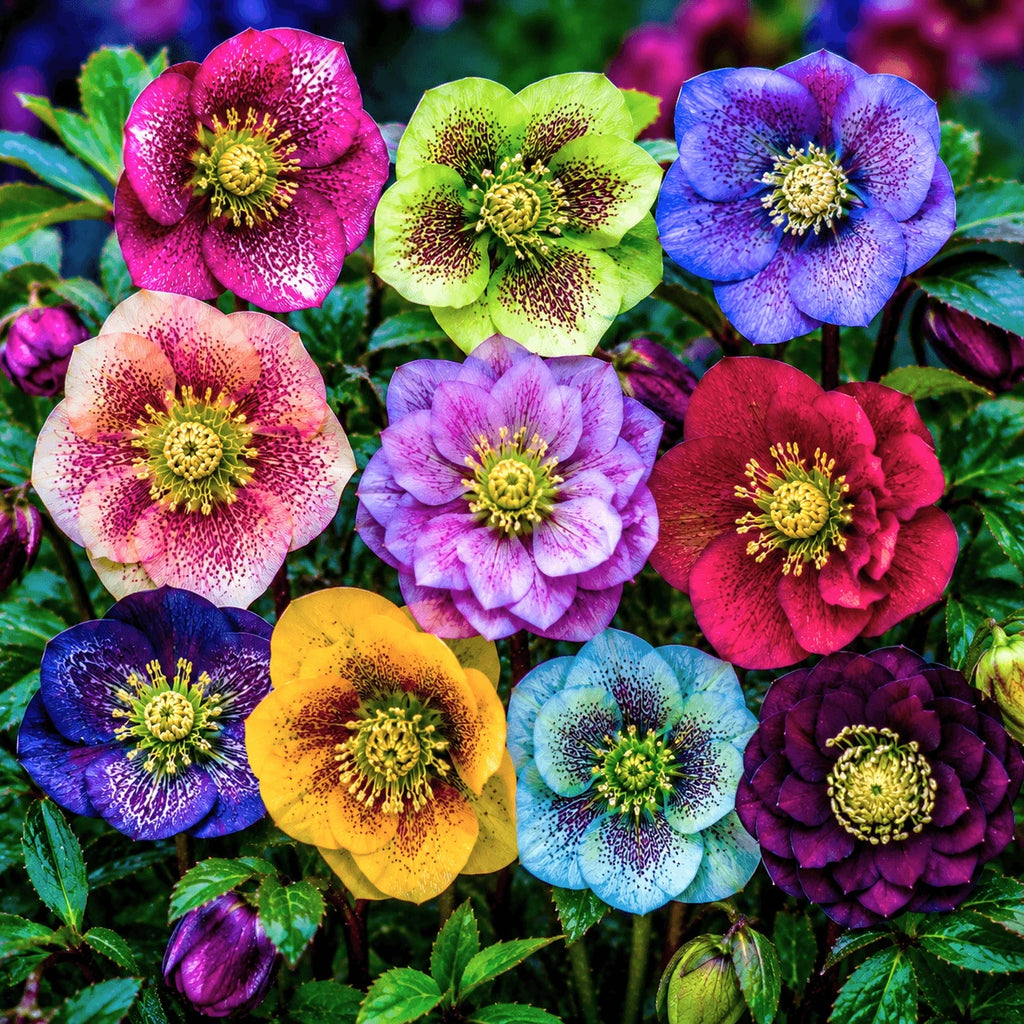Pachet mix cu 10 plante Helleborus, flori perene în culori variate, ideale pentru grădini și spații semiumbrite, cu înflorire spectaculoasă și aspect ornamental elegant