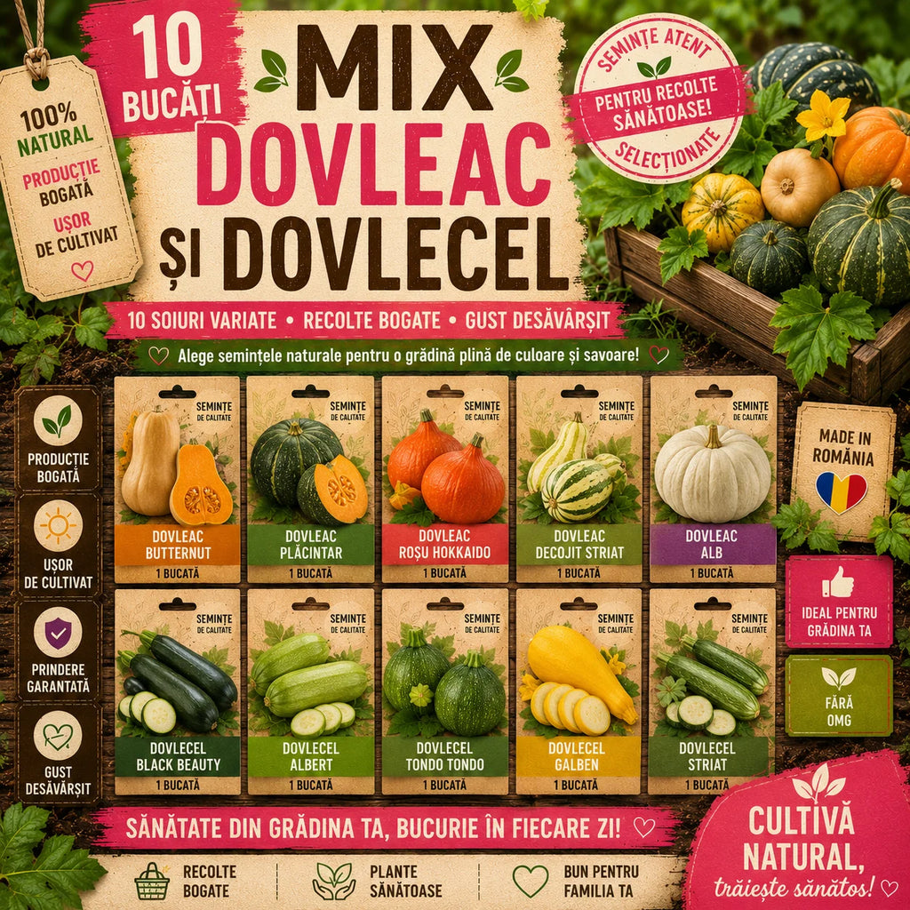 Pachet mix cu 10 semințe de dovleac și dovlecel, soiuri productive pentru grădină, cu fructe sănătoase și gustoase, ideale pentru consum și preparate culinare